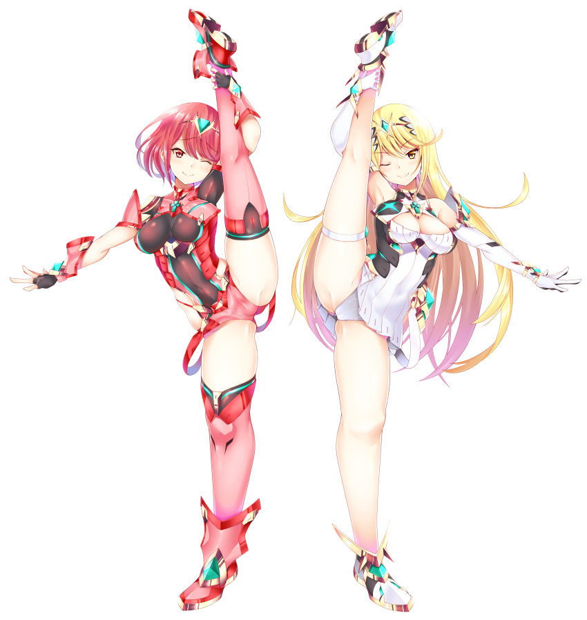 2_girls absurd_res alluring big_breasts breasts chest_jewel daive high_res insanely_hot leg_lift long_hair multiple_girls mythra mythra_(xenoblade) nintendo panties pyra pyra_(xenoblade) red_eyes red_hair short_hair skindentation stockings underwear very_long_hair xenoblade_(series) xenoblade_chronicles_(series) xenoblade_chronicles_2 yellow_eyes
