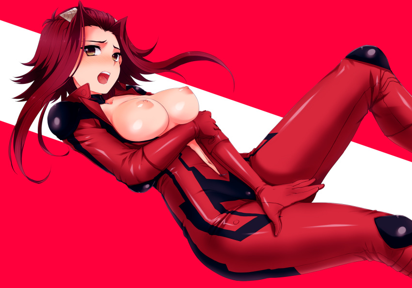 1girl akiza_izinski areolae bad_id biker_clothes bikesuit blush bodysuit breasts brown_eyes highres huge_breasts izayoi_aki large_breasts looking_at_viewer nipples open_mouth red_hair short_hair skintight solo usa_(artist) usaki_(ama) yellow_eyes yu-gi-oh! yu-gi-oh!_5d's yuu-gi-ou yuu-gi-ou_5d's