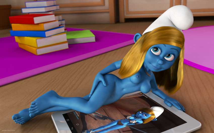 1girl blue_eyes blue_skin books breast hand_on_hip long_hair nipples nude pose smile smurfette tablet the_smurfs wood_floor