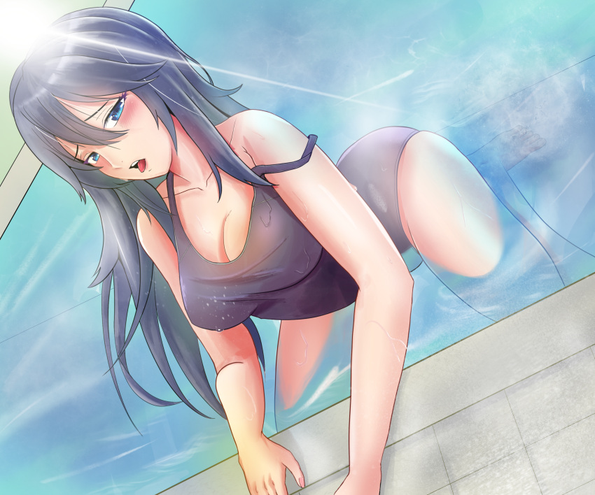 alluring big_breasts blue_eyes blue_hair blush fire_emblem fire_emblem:_awakening fire_emblem:_kakusei long_hair lucina lucina_(fire_emblem) open_mouth pool school_swimsuit shoulder_slip swimming_pool swimsuit tongue_out wet