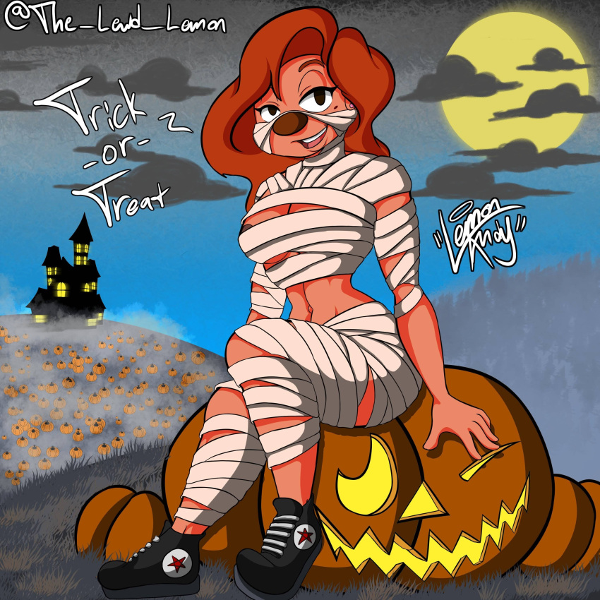 1:1 1girl absurd_res anthro bedroom_eyes cel_shading clothing dialogue disney female_only food footwear fruit full_moon goof_troop halloween halloween_costume high_res holidays jack-o'-lantern lemon_andy looking_at_viewer moon mummy_costume mummy_wrappings narrowed_eyes nipple_slip plant pumpkin roxanne roxanne_(goof_troop) seductive shaded shoes simple_background simple_shading sitting solo_focus talking_to_viewer text the_lewd_lemon trick_or_treat