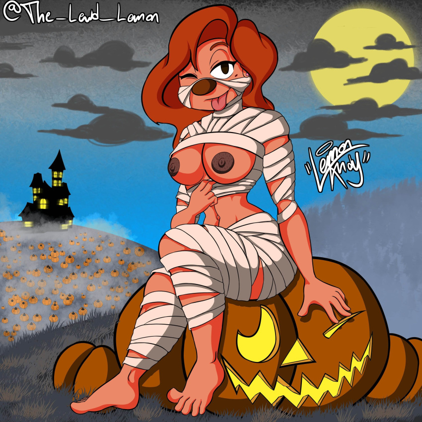 1:1 1girl absurd_res anthro barefoot breasts cel_shading disney exposed_breasts feet female_only flashing food fruit full_moon goof_troop halloween halloween_costume high_res holidays jack-o'-lantern lemon_andy looking_at_viewer moon mummy_costume mummy_wrappings nipples one_eye_closed plant playful pulling_clothing pulling_shirt_down pumpkin roxanne roxanne_(goof_troop) shaded simple_background simple_shading sitting solo_focus the_lewd_lemon tongue tongue_out wink