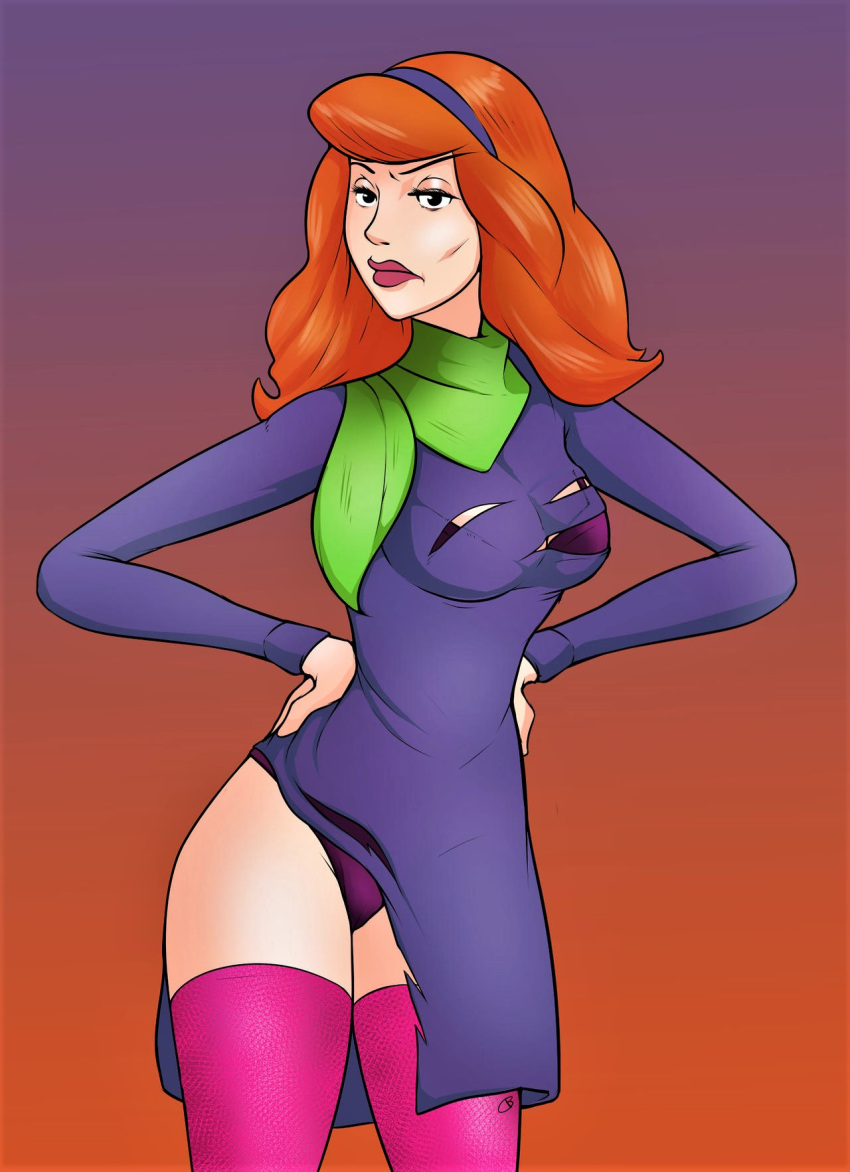 1_girl 1girl bra clothed daphne_blake dress female female_human female_only hairband human mostly_clothed panties purple_dress purple_hairband red_hair redhead scooby-doo solo standing stockings thighs torn_clothes torn_dress