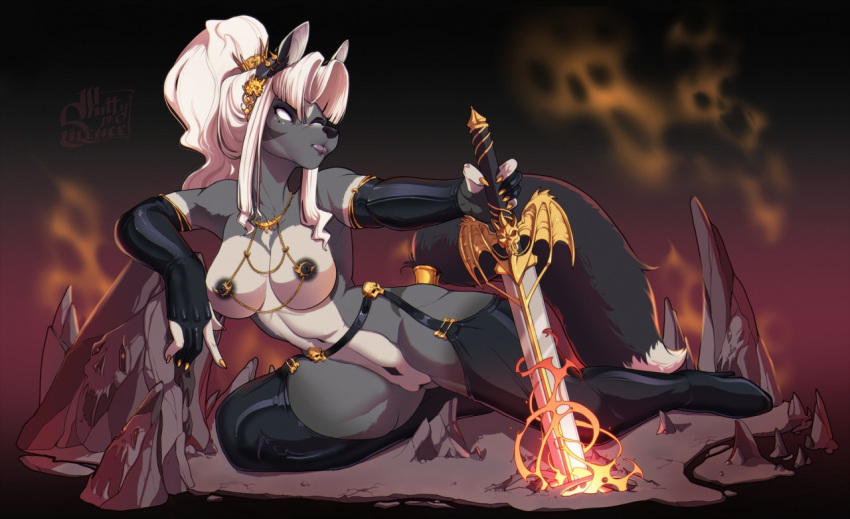 1girl 1girl anthro breasts canid canine clothing garter_straps kitty_silence kneel legwear mammal melee_weapon nipple_piercing nipples piercing pussy stockings sword thick_thighs weapon