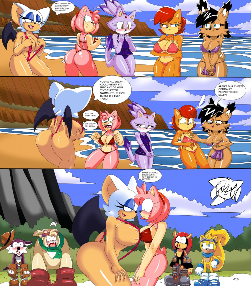 4boys 5girls amy_rose anthro arms ass bare_shoulders bark_the_polarbear bat bat_ears bat_wings beach big_breasts bikini blaze_the_cat blue_sky boots breast_press breast_squish breasts cat chipmunk cleavage clothed clothing clouds coast dialog dialogue dreamcast elbows english_text eye_shadow eyeshadow feline females fingers fists furry gloves green_eyes hair hands hedgehog huge_breasts lynx males mammal medium_breasts mighty_the_armadillo multiple_boys multiple_females multiple_girls multiple_males nack_the_weasel nicole_the_lynx ray_the_flying_squirrel rodent rouge_the_bat sally_acorn sega shoulders size_comparison size_difference skimpy sky swimsuit teeth text thick_thighs thighs women