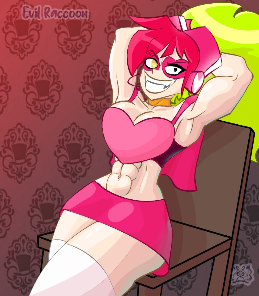 abs armpits arms_behind arms_behind_back arms_up biceps big_breasts cartoon_network cosplay dementia evil_raccoon evil_smile fangs miniskirt miss_heed_(villainous) muscle muscular muscular_female red_hair redhead sitting smiling_at_viewer stockings thick_thighs thighs villain villainous yellow_hair
