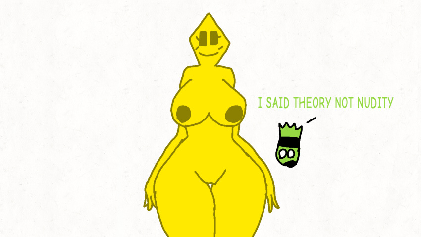 bad_drawing_skills big_breasts big_breasts english_text fnf_icons fnf_k07-remixed_(mod) friday_night_funkin friday_night_funkin_mod green_skin markrat_(thathiperguy) mellow_guy_(thathiperguy) nipples ourple_guy_(kiwiquest) pussy vs_ourple_guy_(fnf_mod) white_background yellow_skin