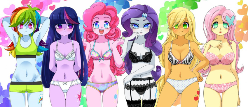 6girls applejack armpits blonde_hair blue_eyes blush bra breasts cameltoe cleavage cutie_mark equine fluttershy friendship_is_magic garter garter_belt green_eyes hair_ornament heart large_breasts lingerie long_hair looking_at_viewer multicolored_hair my_little_pony open_mouth panties pink_hair pinkie_pie pony purple_eyes purple_hair rainbow_dash rarity smile standing the_mane_six twilight_sparkle two_tone_hair