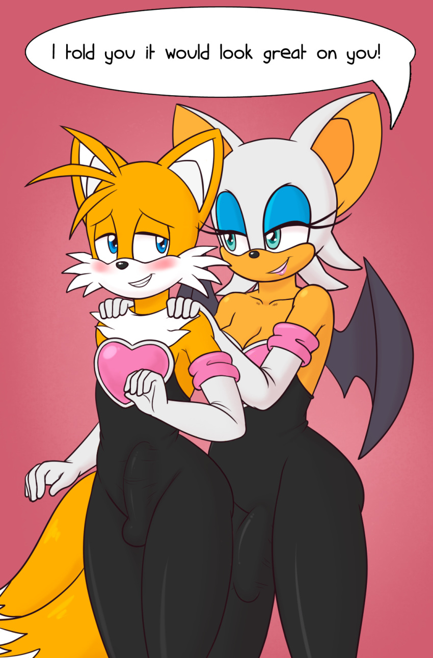 anthro bat bulge canine clothing dickgirl duo eyeshadow fox furry intersex legwear makeup male mammal miles_"tails"_prower mobian_(species) multi_tail penis_outline rapps rouge_the_bat sega wings