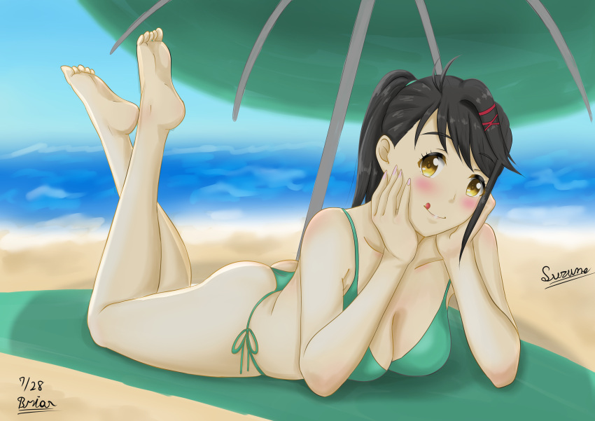 1girl absurd_res ass barefoot beach beach_towel bikini black_hair blush breasts cleavage collarbone day feet feet_up green_bikini hair_ornament hairclip hands_on_own_face iwato_suzume legs_up looking_at_viewer ocean on_stomach outside ponytail sand side-tie_bikini smile soles suzume_no_tojimari swimsuit teen the_pose thong_bikini toes tongue tongue_out towel umbrella yellow_eyes