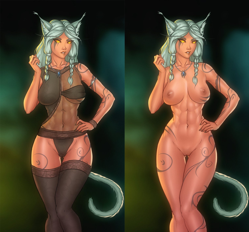 1girl 2019 abs areola big_breasts breasts female_only final_fantasy final_fantasy_xiv freli high_resolution looking_at_viewer miqo'te muscle nipples nude original_character pussy shyrihanel stockings