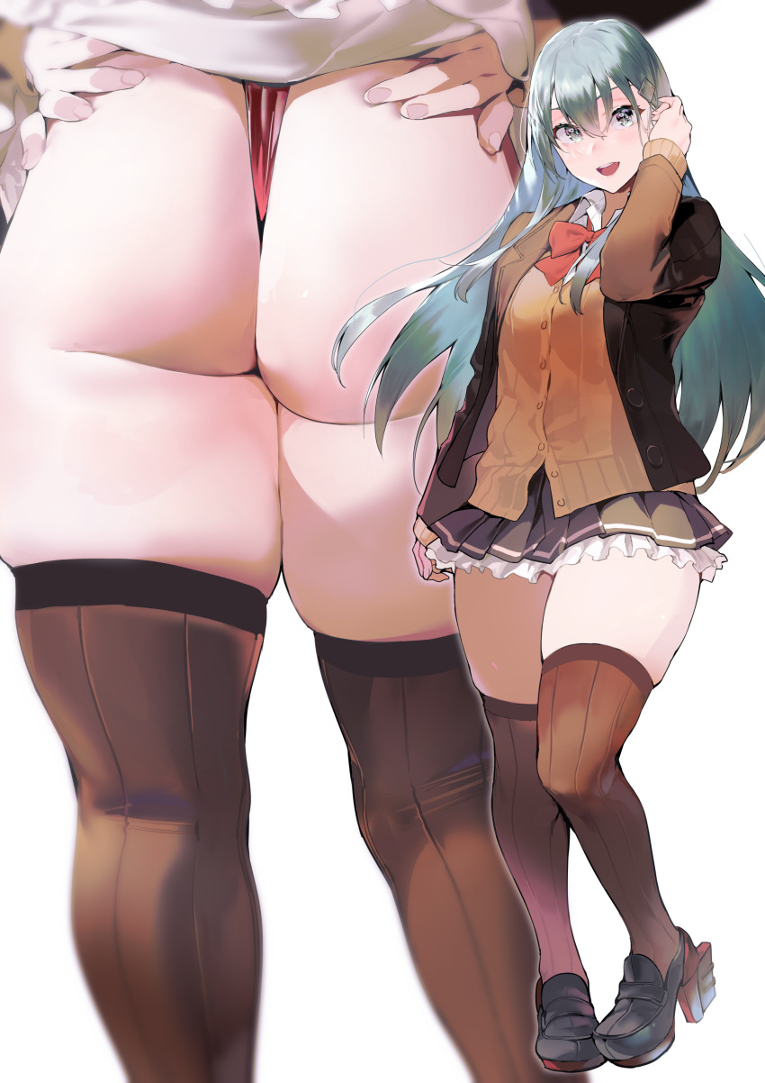 1girl aqua_hair ass bangs black_footwear blouse blush breasts brown_jacket brown_legwear brown_skirt cardigan clothes_lift eyebrows_visible_through_hair frilled_skirt frills hair_ornament hairclip hands_on_hips high_resolution iku_(ikuchan_kaoru) jacket kantai_collection long_hair long_sleeves looking_at_viewer multiple_views one_arm_up open_clothes open_mouth pleated_skirt remodel_(kantai_collection) revision rudder_footwear school_uniform shoes simple_background skindentation skirt skirt_lift smile stockings suzuya_(kantai_collection) thick_thighs thighs thong uniform very_high_resolution viewed_from_below white_background
