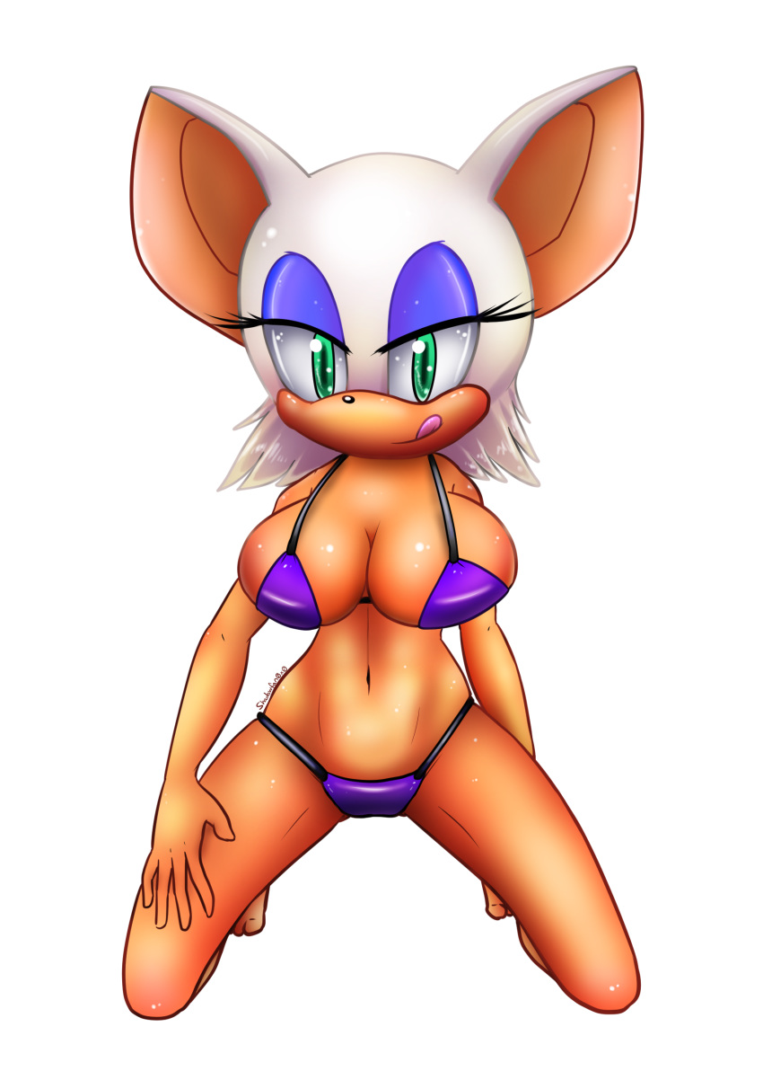 1girl anthro bat bikini breasts clothing female female_only furry green_eyes kneeling licking_lips looking_at_viewer mammal rouge_the_bat sega shadowfan0x0 sonic_(series) swimsuit tongue tongue_out