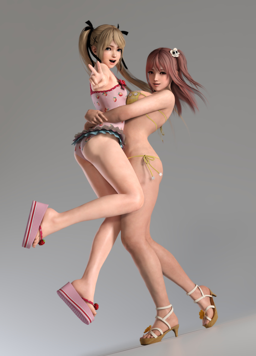 2_girls 3d alluring big_breasts bikini blonde_hair breast_size_difference dead_or_alive dead_or_alive_xtreme dead_or_alive_xtreme_2 dead_or_alive_xtreme_3_fortune dead_or_alive_xtreme_beach_volleyball dead_or_alive_xtreme_venus_vacation eyepatch_bikini female_only full_body held_up honoka honoka_(doa) lifting_person long_hair looking_at_viewer marie_rose one-piece_swimsuit pink_hair sandals simple_background small_breasts smile swimsuit tecmo twin_tails v v_sign x2gon
