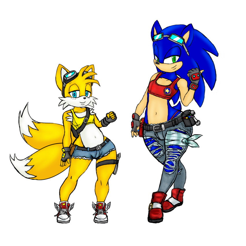 anthro belt blue_eyes blue_fur bulge canine clothed clothing cutoffs denim_shorts duo eyewear fingerless_gloves fox front_view fur furry girly gloves goggles green_eyes half-closed_eyes hedgehog high_res jeans looking_at_viewer male mammal miles_"tails"_prower navel painted_naills panties pants pose sega shirt shorts skimpy smile sneakers sonic_the_hedgehog sonicharinezumi sunglasses tank_top thick_thighs tight_clothing tools torn_clothing torn_jeans torn_pants underwear wide_hips wrench