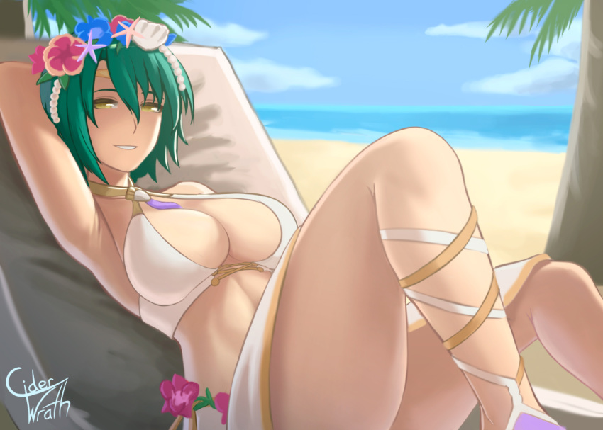 1girl 1girl 1girl alluring alternate_costume arms_behind_head bare_legs beach big_breasts bikini breasts ciderwrath cleavage female_only fire_emblem fire_emblem_heroes flower green_hair grin hair_flower legs light-skinned_female light_skin looking_at_viewer nintendo oceanic_dolphin official_alternate_costume outside short_hair sitting smile swimsuit thorr_(fire_emblem) thorr_(summer)_(fire_emblem) white_bikini white_swimsuit yellow_eyes