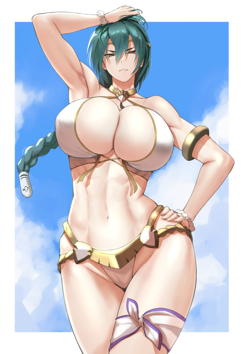 1girl 1girl 1girl abs absurd_res alluring alternate_costume anagumasan arm_up athletic_female bangs bare_shoulders big_breasts bikini blue_sky bracelet braid breasts circlet cleavage closed_mouth cloud cloudy_sky collarbone curvy day female_abs female_only fingernails fire_emblem fire_emblem_heroes fit_female gold_trim green_hair hair_ornament halterneck hand_on_hip high_res highleg highleg_bikini jewelry lips long_hair looking_at_viewer navel nintendo official_alternate_costume outside shiny shiny_hair simple_background single_braid sky stomach swimsuit thigh_strap thighs thorr_(fire_emblem) thorr_(summer)_(fire_emblem) white_bikini white_swimsuit yellow_eyes