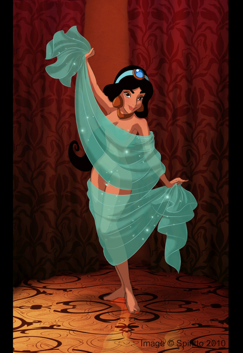 1girl aladdin_(series) alluring black_hair breasts disney female female_only looking_at_viewer nude princess_jasmine see-through solo spiritto spiritto_(artist) standing