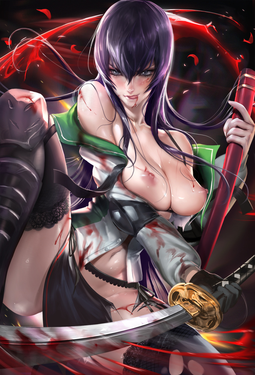blood gakuen_mokushiroku:_highschool_of_the_dead highschool_of_the_dead saeko_busujima sakimichan solo sword weapon