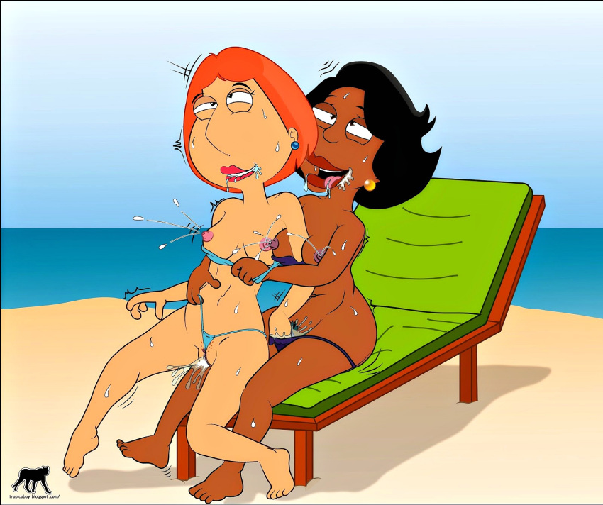 2_girls beach beach_chair breasts donna_tubbs family_guy female_only fingering lois_griffin luberne nipples pussy the_cleveland_show thong toes tropicoboy yuri
