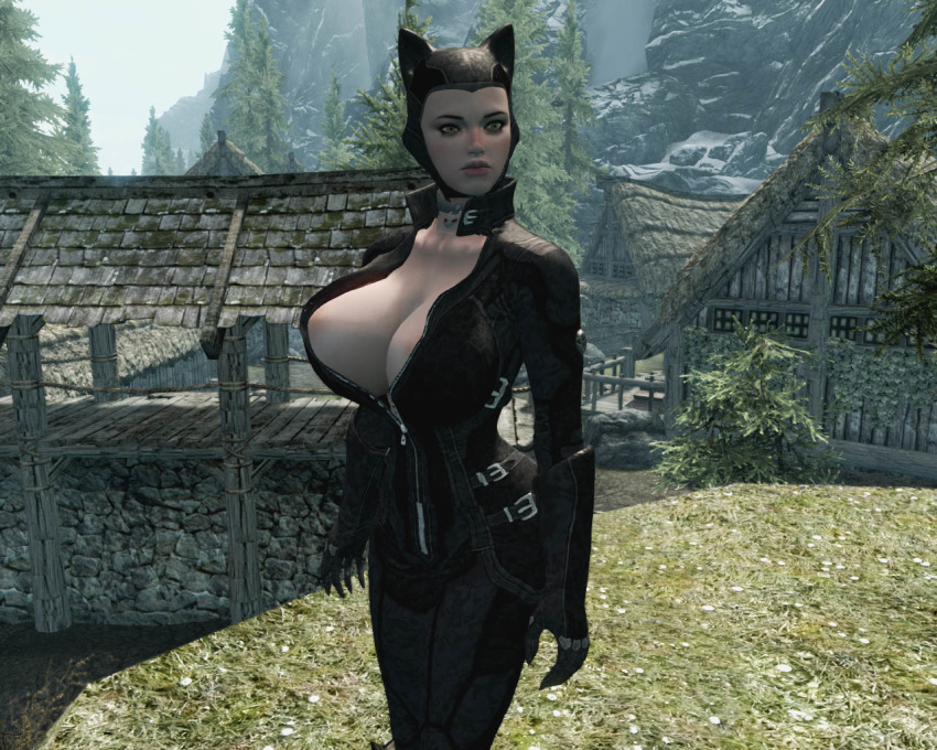 1girl 3d ass batman:_arkham_city batman_(series) big_ass big_breasts breasts catwoman cleavage collarbone cosplay costume dc dc_comics fuckable gloves grass green_eyes mask mod most_body outdoors outside rock rocks selina_kyle skin_tight_suit sky skyrim solo the_elder_scrolls tree trees village_(location) zipper