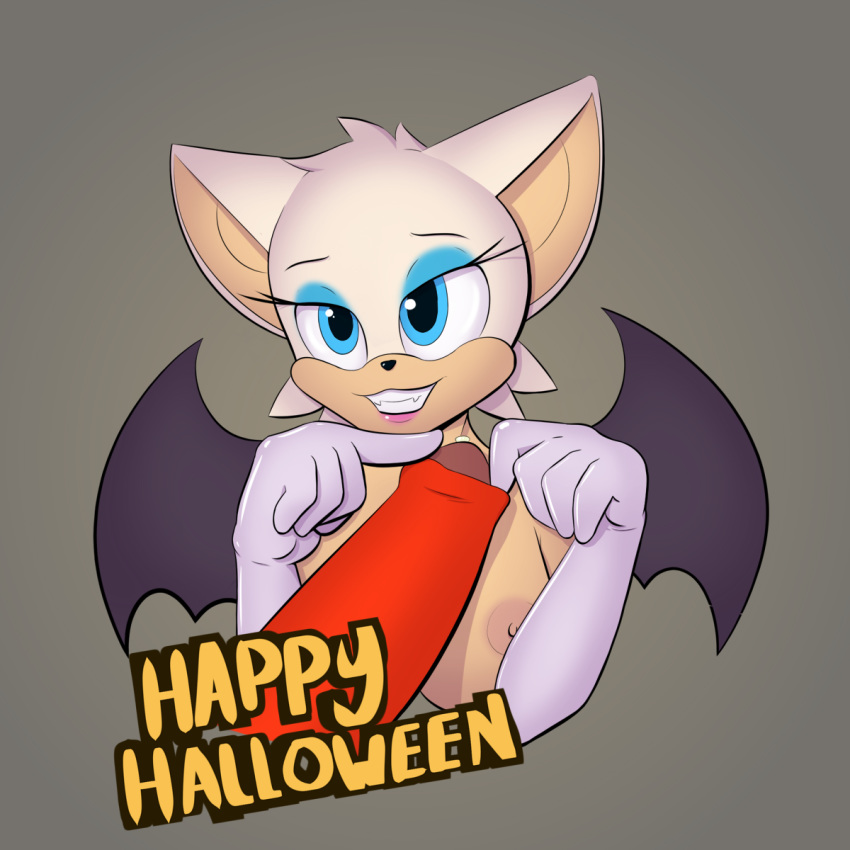 1girl 2015 anthro bat bat_ears bat_wings big_breasts blue_eyes breasts chiropteran clothed clothing elbow_gloves english_text eyeshadow furry gloves hair half-dressed mammal membrane_(anatomy) membranous_wings nipples paoguu penis rouge_the_bat sega smile sonic_the_hedgehog_(series) tan_skin teal_eyes text topless video_game_character video_game_franchise white_hair wings