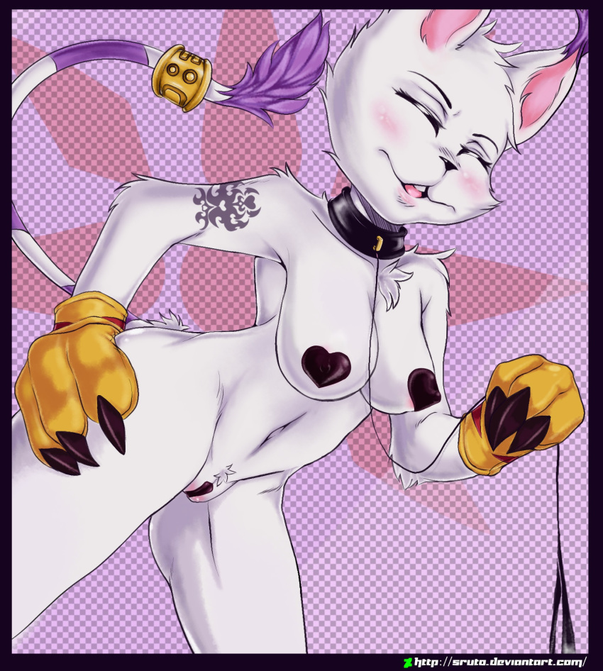 1girl 1girl 2016 anthro armpits ass big_breasts black_nose blush breasts cat closed_eyes clothed clothing digimon digital_media_(artwork) feline fur furry gatomon gloves jewelry mammal necklace nipples open_mouth pasties pussy ring simple_background smile sruto tattoo tongue white_fur