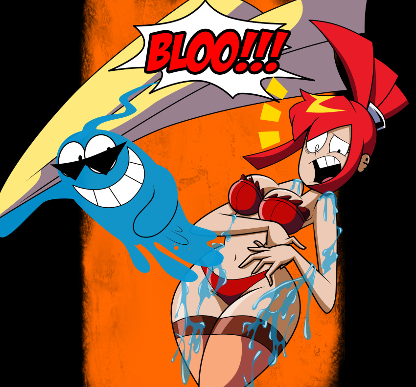 1girl bloo blooregard breasts cleavage foster's_home_for_imaginary_friends frankie_foster grimphantom grimphantom_(artist) halloween male monster shiny shiny_skin smile surprise
