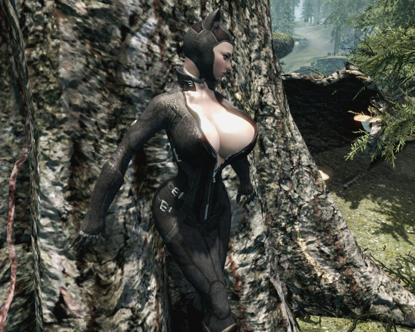 3d ass batman:_arkham_city batman_(series) big_ass big_breasts boots breasts catwoman choker cleavage clothes cosplay dc dc_comics fuckable gloves grass mask mod most_body mushroom outdoors outside selina_kyle skin_tight_suit skyrim the_elder_scrolls tree trees