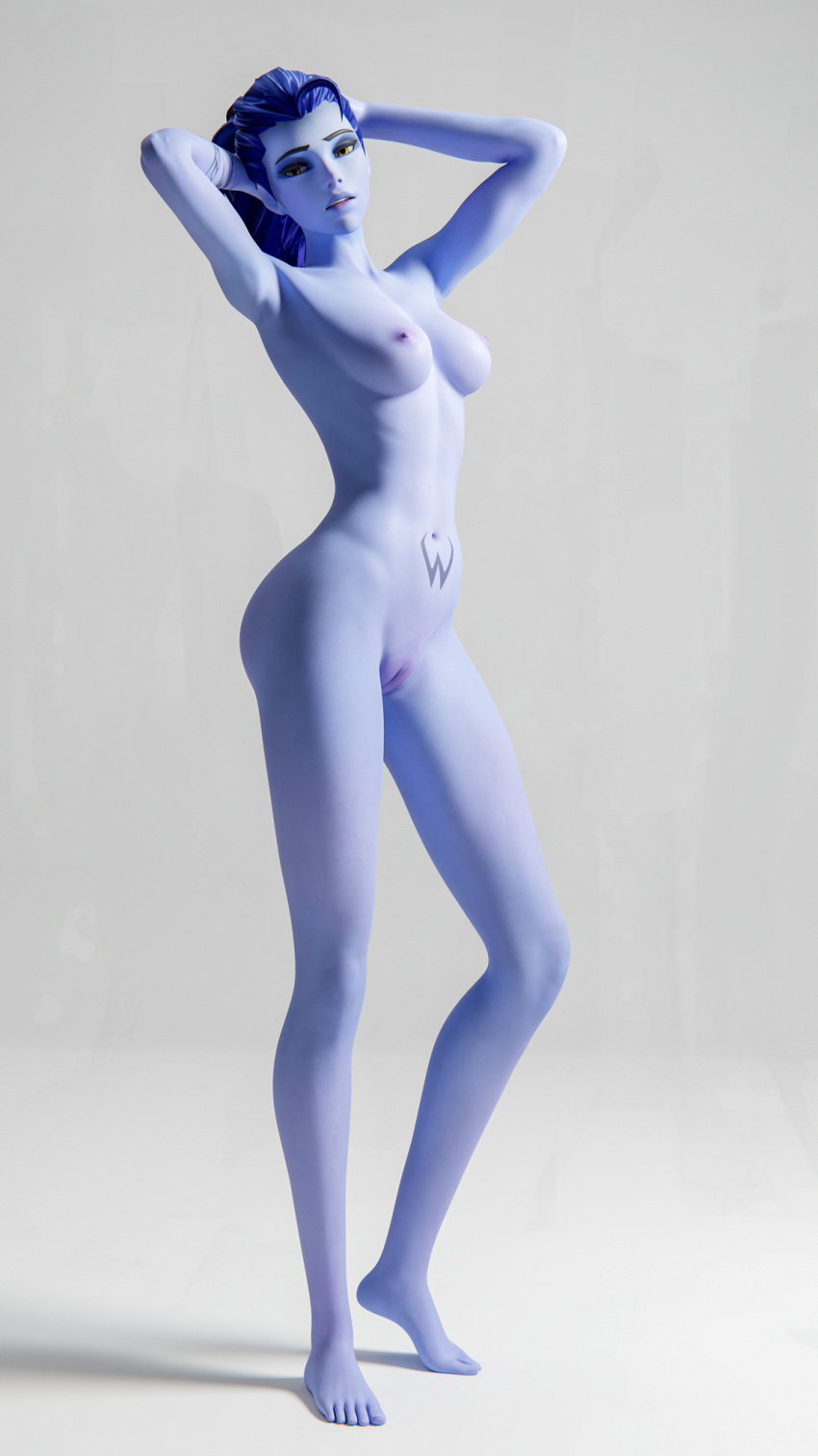 1girl 1girl 3d armpits arms_up artist_request blizzard_entertainment breasts colored_skin completely_nude female_only high_resolution medium_breasts nipples nude overwatch purple_skin pussy simple_background standing tattoo tied_hair widowmaker_(overwatch) yellow_eyes