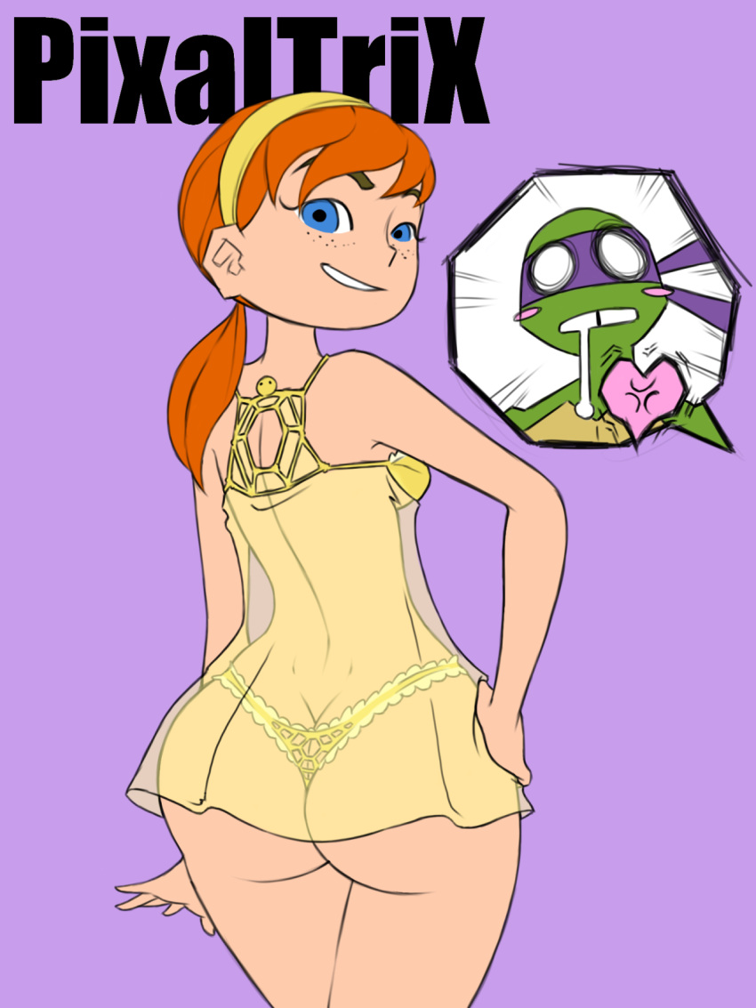 1girl april_o'neil ass big_ass breasts clothes dat_ass donatello happy hips looking_at_viewer male panties pixaltrix teenage_mutant_ninja_turtles tmnt_2012 wide_hips