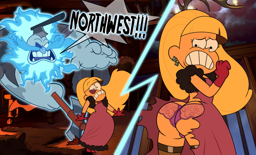 ass axe big_ass comic dat_ass disney embarrassing female funny ghost gravity_falls grimphantom grimphantom_(artist) looking_back looking_down male monster pacifica_northwest see_through surprise torn_clothes weapon