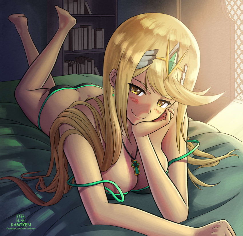 1girl alluring ass bangs barefoot bed bedroom big_breasts bikini blonde_hair book bookshelf breasts butt_crack cleavage earrings feet green_bikini hand_on_own_cheek hand_on_own_face high_res indoors jewelry kami_mitsugu_(kamiken) long_hair looking_at_viewer lying multicolored multicolored_bikini multicolored_clothes mythra mythra_(xenoblade) necklace nintendo on_bed on_stomach revision smile strap_slip swept_bangs swimsuit the_pose tiara voluptuous xenoblade_(series) xenoblade_chronicles_2
