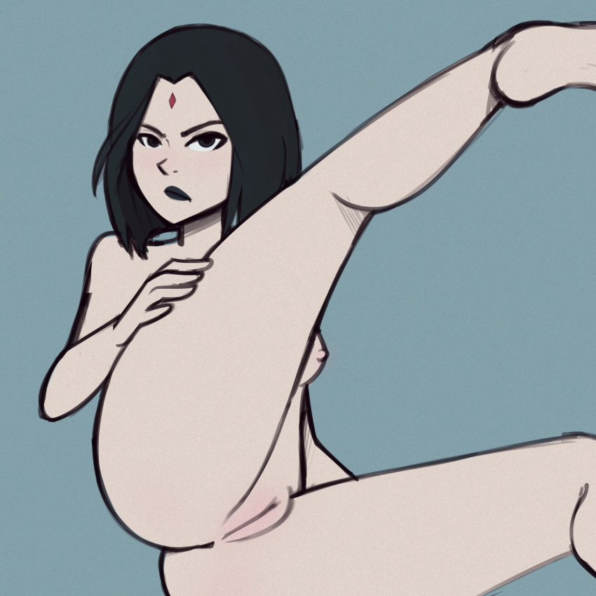 1girl 1girl black_hair black_lipstick breast female_focus female_only forehead_jewel hand_on_hip looking_at_viewer nude nude nude_female pussy raven_(dc) short_hair simple_background slight_blush spread_legs tagme teen_titans u028