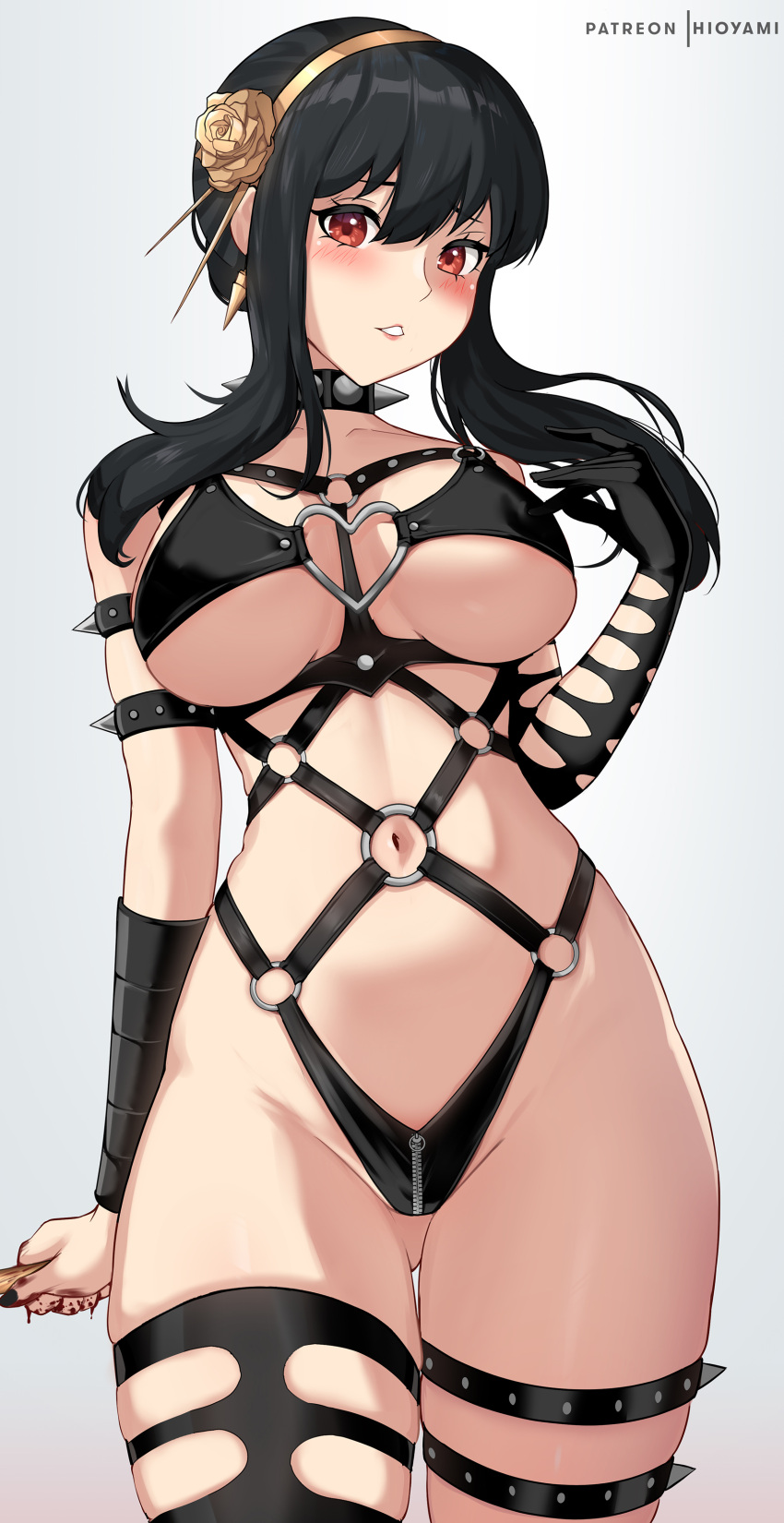1girl 1girl 1girl alluring armwear assassin big_breasts black_hair blood blush blushing_at_viewer breasts eye_contact female_only gloves hioyami long_hair looking_at_viewer red_eyes slutty_outfit spy_x_family standing stiletto_(weapon) thick_thighs thighs thorn_princess wide_hips yor_briar yor_forger