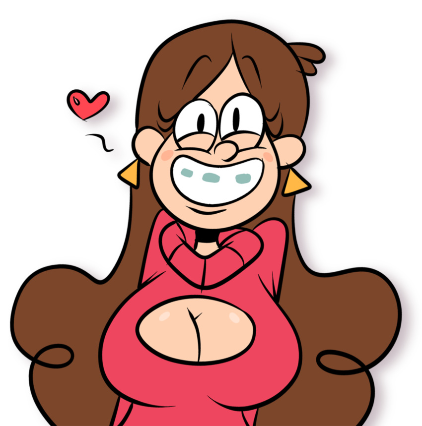 breasts cleavage cleavage_cutout disney earrings gravity_falls heart mabel_pines scobionicle99 shiny shiny_skin smile white_background