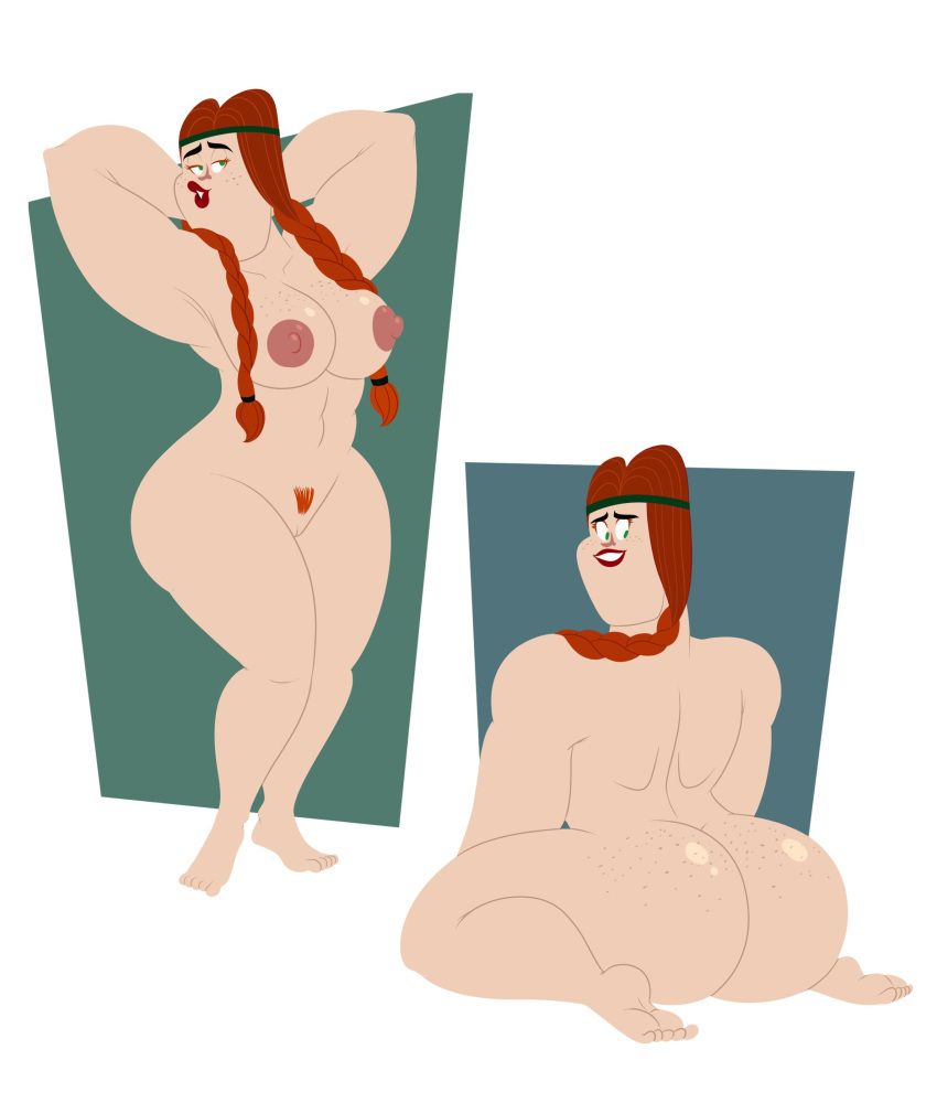 1girl ass big_ass big_breasts cartoon_network dustindemon flora_(samurai_jack) freckles green_eyes grin long_hair muscle muscular_female nude nude_female pubic_hair pussy red_hair red_lipstick sexy shiny shiny_skin smile solo_female solo_focus white_background