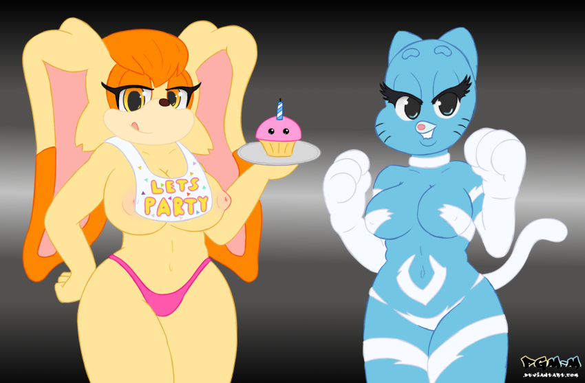 2015 anthro biting_lip breasts cat clothed clothing cosplay cupcake darkstalkers digital_media_(artwork) felicia_(darkstalkers) feline five_nights_at_freddy's five_nights_at_freddy's_2 flat_colors food furry grey_background half-dressed lagomorph licking licking_lips looking_at_viewer mammal navel nicole_watterson panties pgm-m rabbit seductive sega simple_background the_amazing_world_of_gumball tongue tongue_out toy_chica_(fnaf) underwear vanilla_the_rabbit video_games