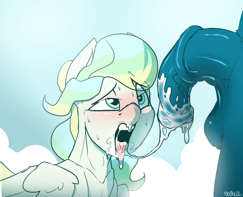 1boy 1girl after_fellatio blush cum cum_in_mouth cum_on_face cumstring female female_pegasus friendship_is_magic male my_little_pony open_mouth pegasus penis pony sky_stinger_(mlp) vapor_trail_(mlp) wings