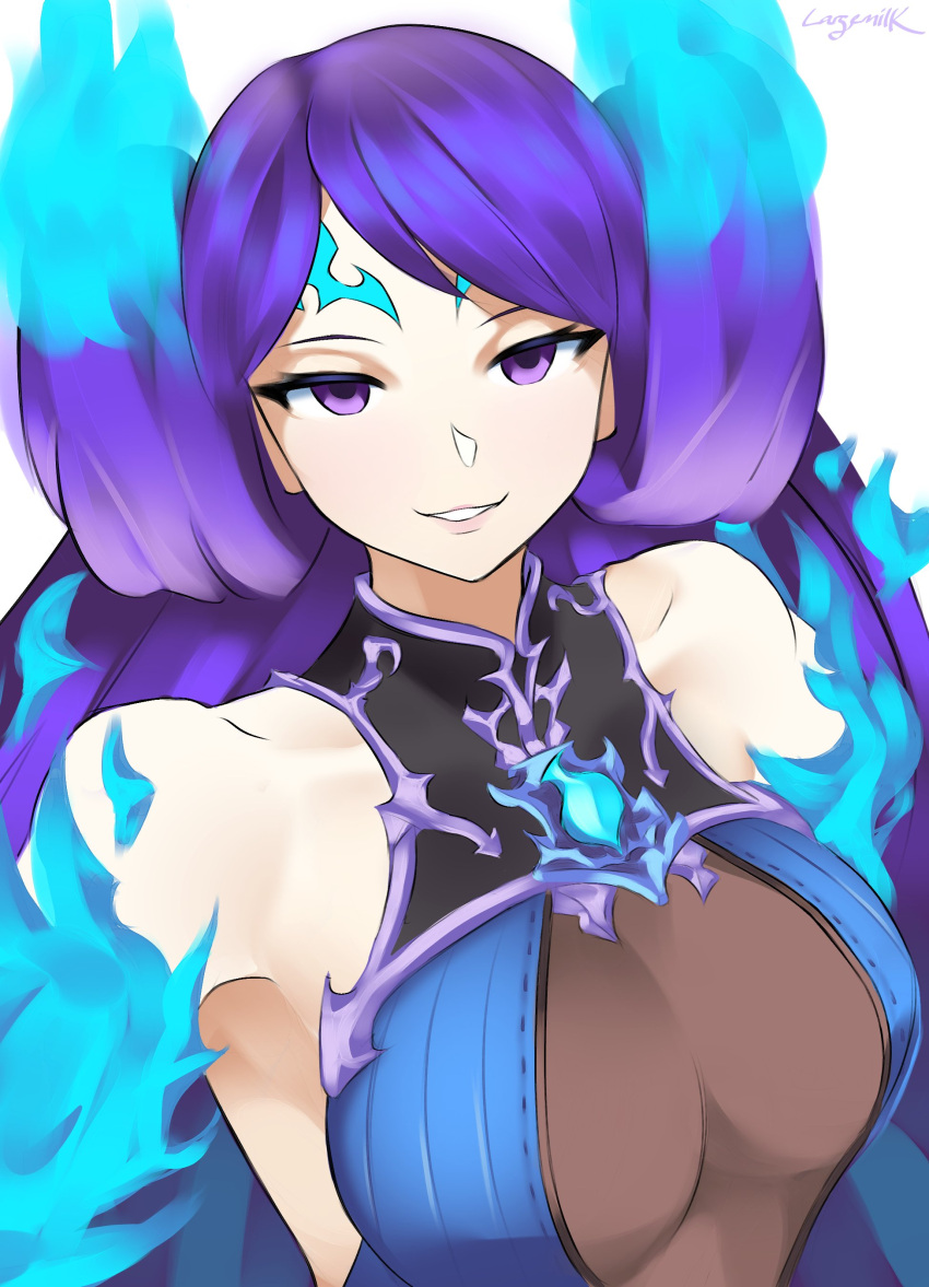 1girl alluring bare_shoulders big_breasts brighid brighid_(xenoblade) cute double_bun eye_contact female_focus female_only fire fire_hair front_view grin kaos_art largemilk light-skinned_female light_skin looking_at_viewer nintendo purple_eyes purple_hair smile smiling_at_viewer solo_female xenoblade_(series) xenoblade_chronicles_2