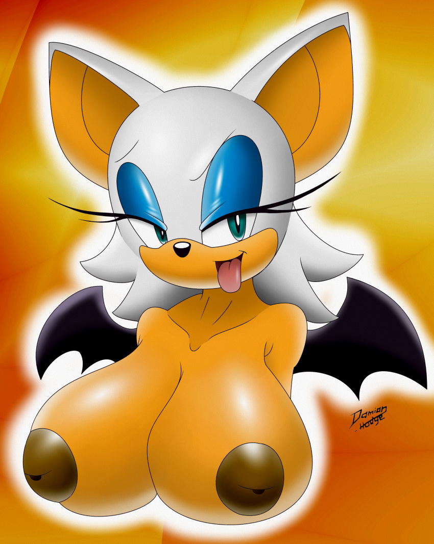 1girl anthro bat big_areola big_nipples breasts damian_hodge female female_only furry huge_breasts inverted_nipples mammal nipples nude orange_background presenting rouge_the_bat sega simple_background sonic_(series) tongue tongue_out yellow_background