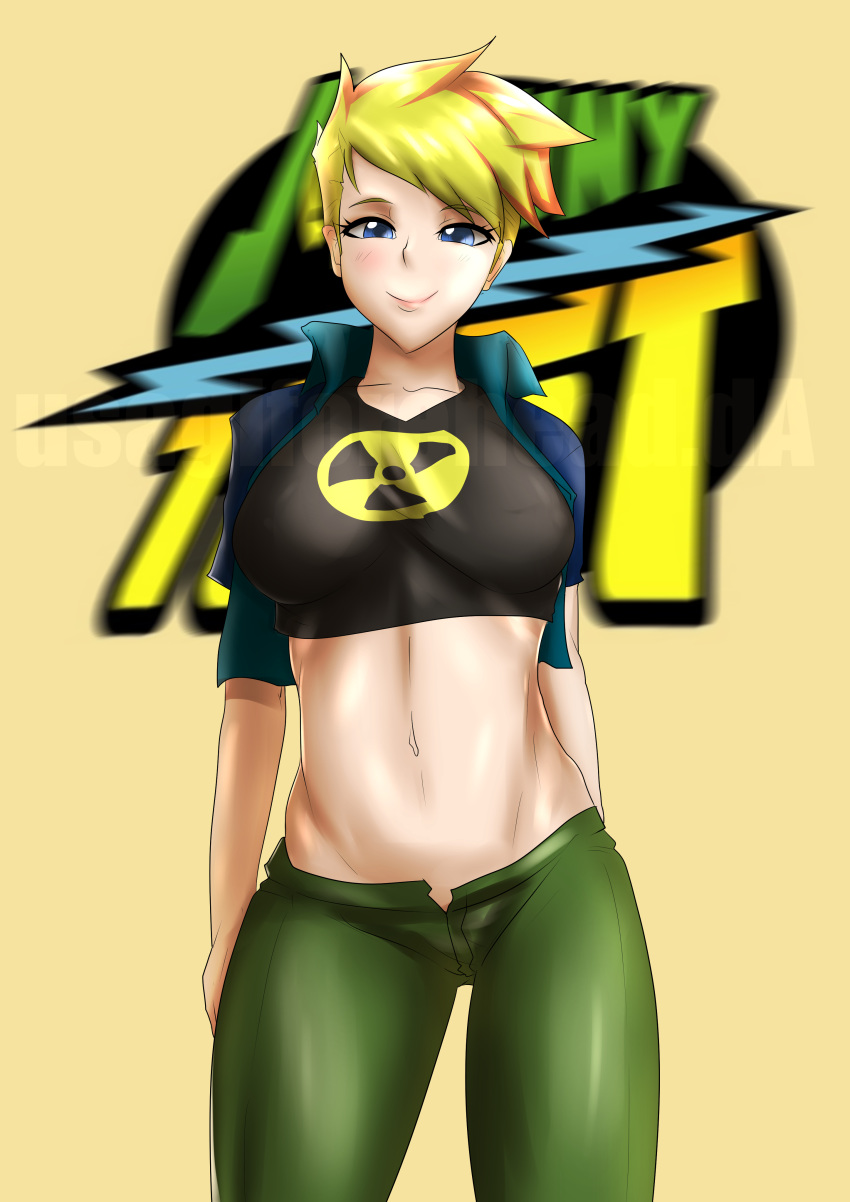 1girl big_breasts black_shirt blonde_hair blue_eyes blue_jacket breasts canon_genderswap cartoon_network closed_mouth contrapposto crop_top cropped_jacket cropped_shirt female_only genderswap green_pants jenny_test johnny_test johnny_test_(character) looking_at_viewer navel open_jacket short_sleeves smile solo_female two_tone_hair usagiforehead
