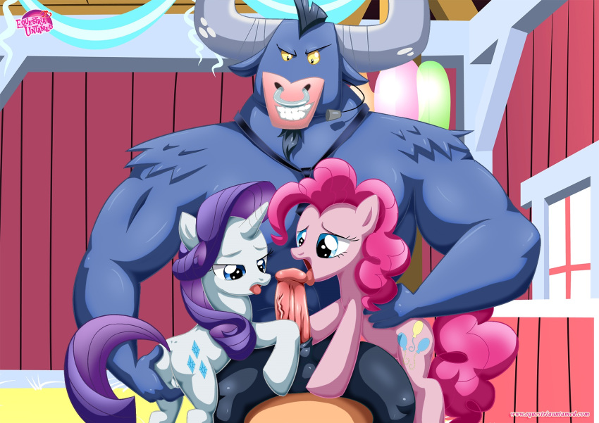 1boy 2_girls 2girls ass bbmbbf blue_eyes cutie_mark earth_pony equestria_untamed erection female_unicorn friendship_is_magic horn interspecies iron_will iron_will_(mlp) licking_penis minotaur multiple_girls my_little_pony nude oral oral_sex palcomix penis pinkie_pie pinkie_pie_(mlp) pony pussy rarity rarity_(mlp) tail threesome unicorn