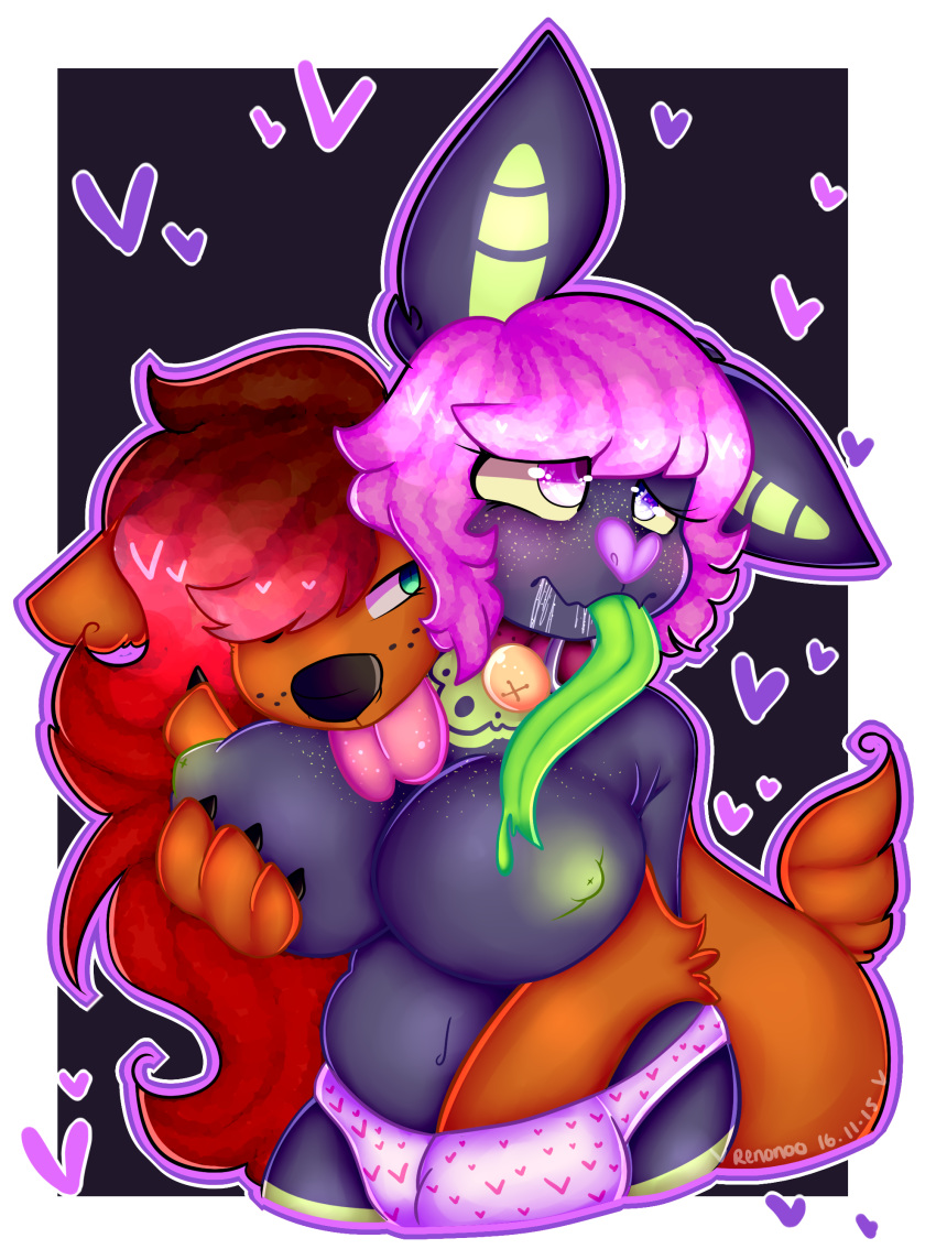 1girl anthro bat bell_collar big_breasts breasts brown_fur brown_hair canine claws collar forked_tongue fur furry green_eyes green_nipples green_tongue hair hand_in_pants heart long_tongue mammal nipples pink_eyes pink_hair purple_eyes purple_fur razzlespup red_hair tongue