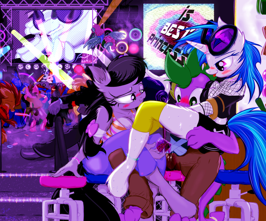 1girl 2015 aged_up alcohol anthro beverage blush domination dragon equine female_domination food friendship_is_magic frist44 furry horse mammal my_little_pony neon_lights octavia_(mlp) pony rave seductive spike_(mlp) spilling stain vinyl_scratch_(mlp)