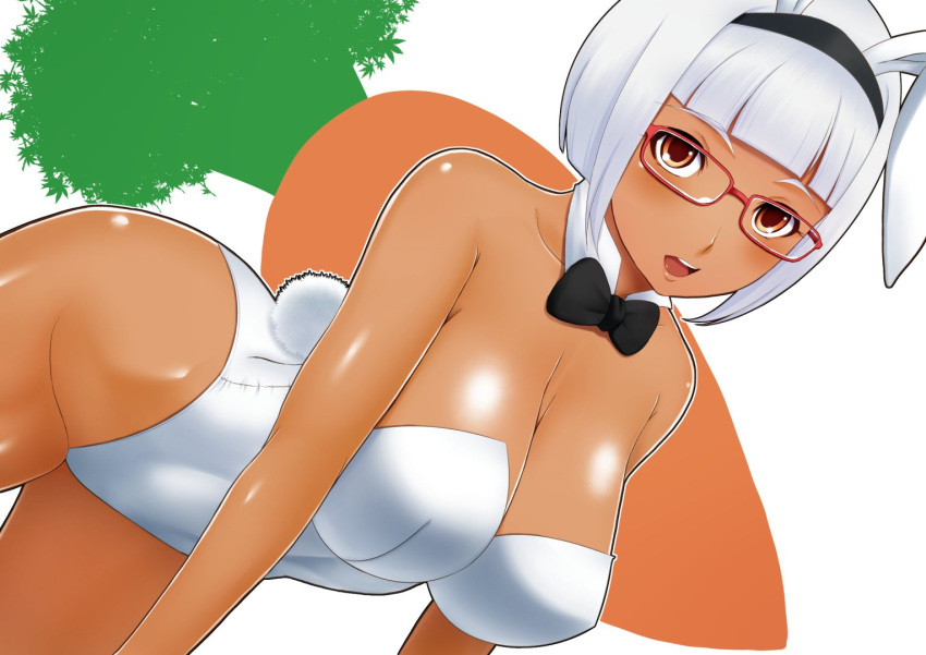 ass big_breasts bowl_cut bowtie bunny_tail bunnysuit cleavage dark-skinned_female glasses mouth_open white_hair white_leotard