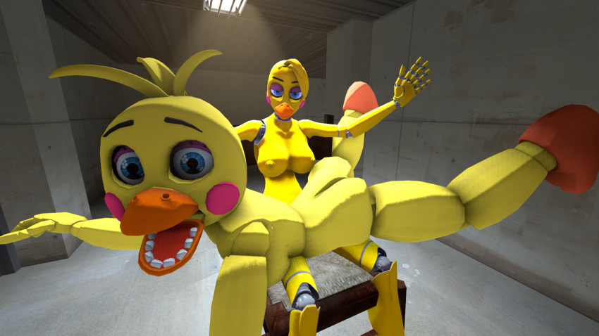 android animatronic areola ass breasts chair chica_(fnaf) five_nights_at_freddy's five_nights_at_freddy's_2 humiliation nipples over_the_knee punishment robot sfm source_filmmaker spank spanked spanking toy_chica
