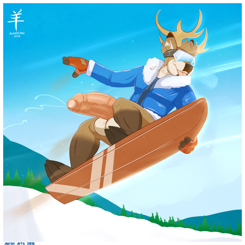 1girl 2016 aaron_(artist) action_pose anthro antlers big_penis big_testicles board bottomless brown_fur cervine clothed clothing deer detailed_background digital_media_(artwork) extreme_sports fur furry gloves half-erect highres hooves horn huge_penis huge_testicles humanoid_penis male mammal manly mature_male muscular muscular_male nipples open_mouth outside pecs penis pose precum sky smile snow snow_goggles snow_jacket snowboard snowboarder testicles tongue tongue_out topless tree uncut vein veiny_penis white_fur winter