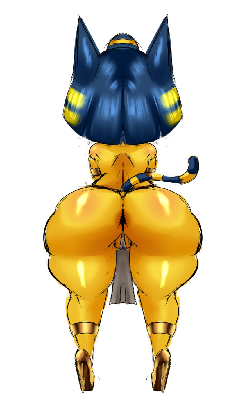1girl 2020 animal_crossing animal_ears ankha ankha_(animal_crossing) anthro anthro_only ass ass_focus back bare_shoulders big_ass blue_hair bottom_heavy bubble_ass bubble_butt butt_focus cameltoe cat_ears cat_tail dat_ass domestic_cat egyptian erozer felid feline felis female_anthro female_only footwear fur furry furry_only huge_ass loincloth mammal multicolored_tail nintendo no_humans partially_visible_vulva platform_heels presenting presenting_hindquarters rear_view revealing_clothes sexy sexy_ass sexy_body short_hair shortstack simple_background solo_female standing striped_tail stripes tail thick_thighs thighs video_games white_background yellow_body yellow_fur