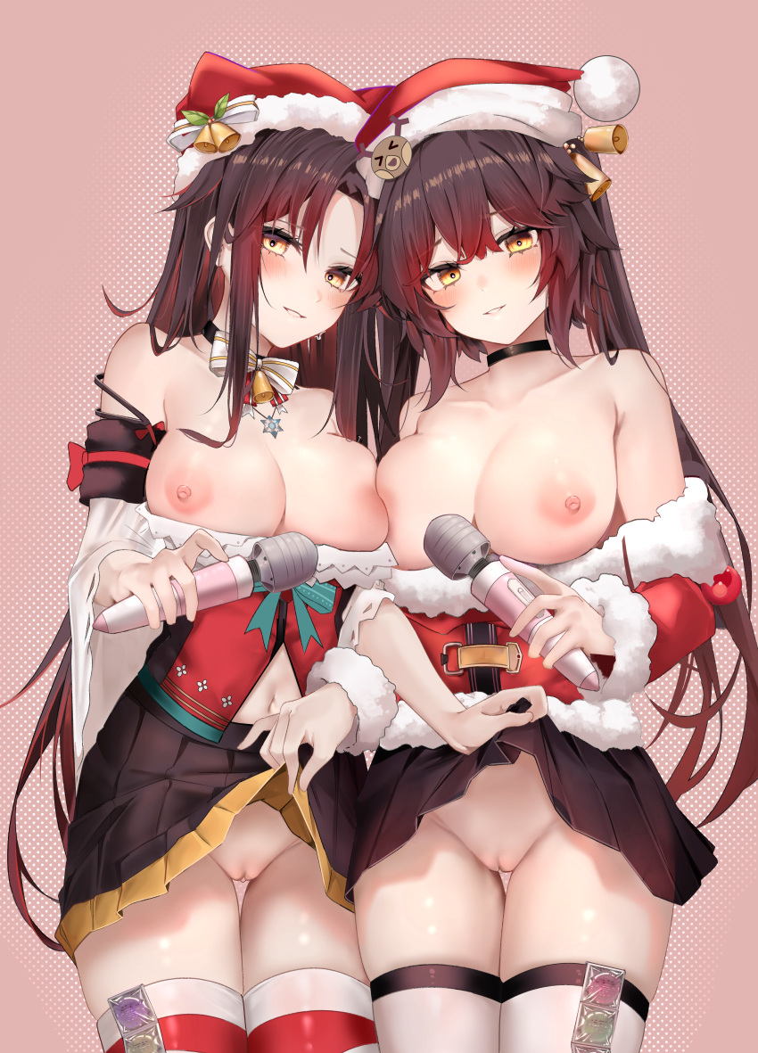 1girl 2_girls areola bare_shoulders big_breasts black_choker black_hair black_skirt breasts center_opening choker christmas christmas_outfit clavicle cleavage clothes_lift clothes_pull clothing condom condom_packet_strip condom_wrapper cowboy_shot fur_trim girls_frontline glowing glowing_eyes gradient_hair hat headwear high_resolution large_filesize legwear lifted_by_self long_hair long_sleeves looking_at_viewer m14_(girls_frontline) m14_(xmas_parade)_(girls_frontline) m21_(girls_frontline) m21_(xmas_at_home)_(girls_frontline) miniskirt multicolored_hair multiple_girls navel nipples no_bra nopan official_alternate_costume open_mouth orange_eyes parted_lips pleated_skirt pussy red_headwear red_legwear red_shirt revealing_clothes ru_zhai santa_costume santa_hat sex_toy shirt skirt skirt_lift skirt_pull smile standing stockings take_your_pick thigh_strap thighs third-party_edit uncensored very_high_resolution very_long_hair vibrator wardrobe_malfunction yellow_eyes
